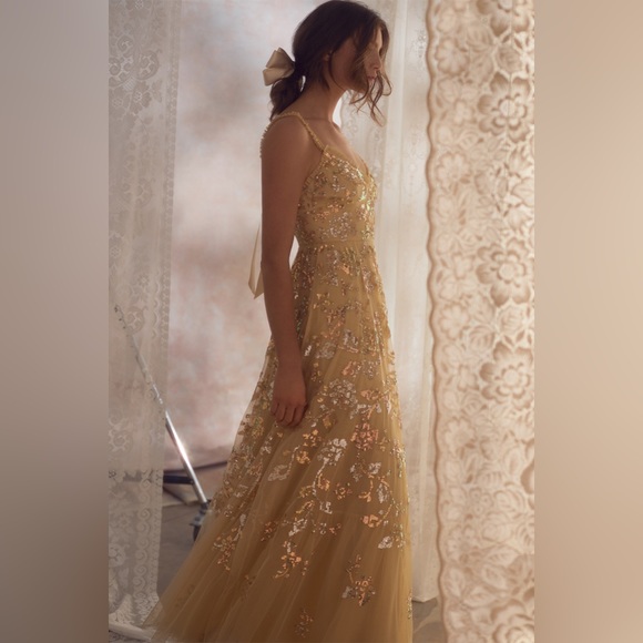 NEEDLE & THREAD Valentina Yellow Tulle Lace Sequin Ruffle Gown Maxi Dress 4 - Picture 2 of 12